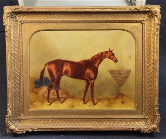 Harry Hall (1814-1882) Portrait of a chestnut racehorse in a stable 15 x 20in.